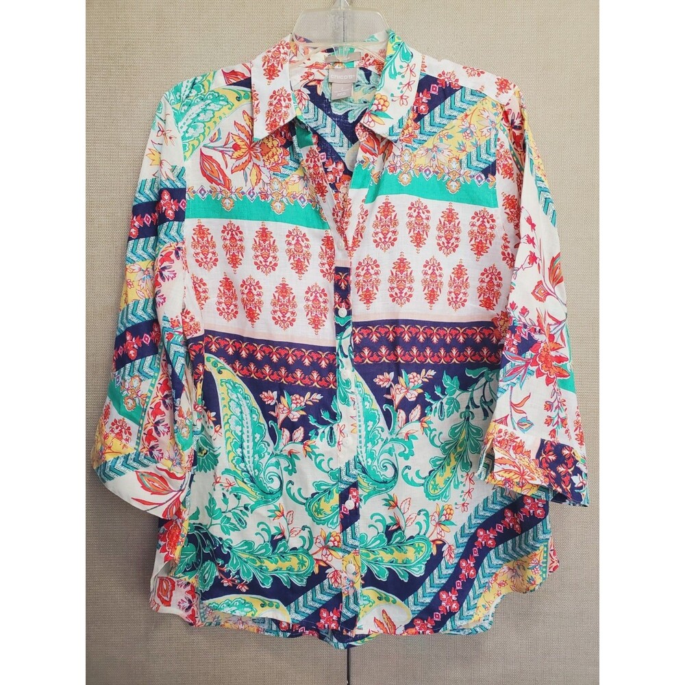 Chico's Linen Boho Paisley 3/4 Sleeve Button-Up Shirt Size 2 Large